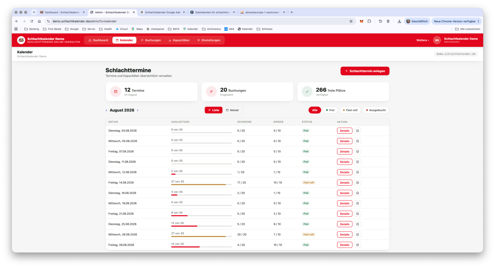 Schlachtkalender Admin-Dashboard mit Buchungen und Auslastung